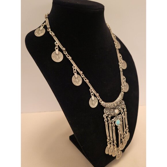Vintage Pewter Coin Necklace 22" Bohemian Style Gypsy Jewelry - Picture 4 of 7